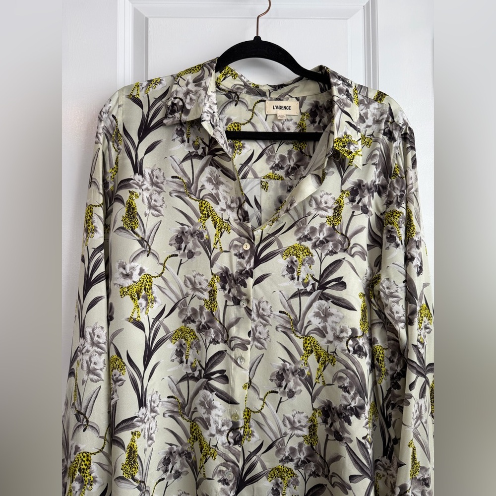 L’AGENCE Women’s Tyler Holly Floral Silk Shirt Mixed Motif Luxury Size XL - Picture 3 of 12